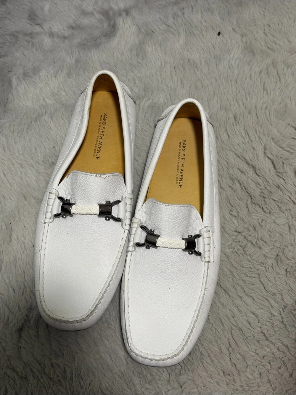 Saks Fifth Avenue White Leather Braided Bit Loafers